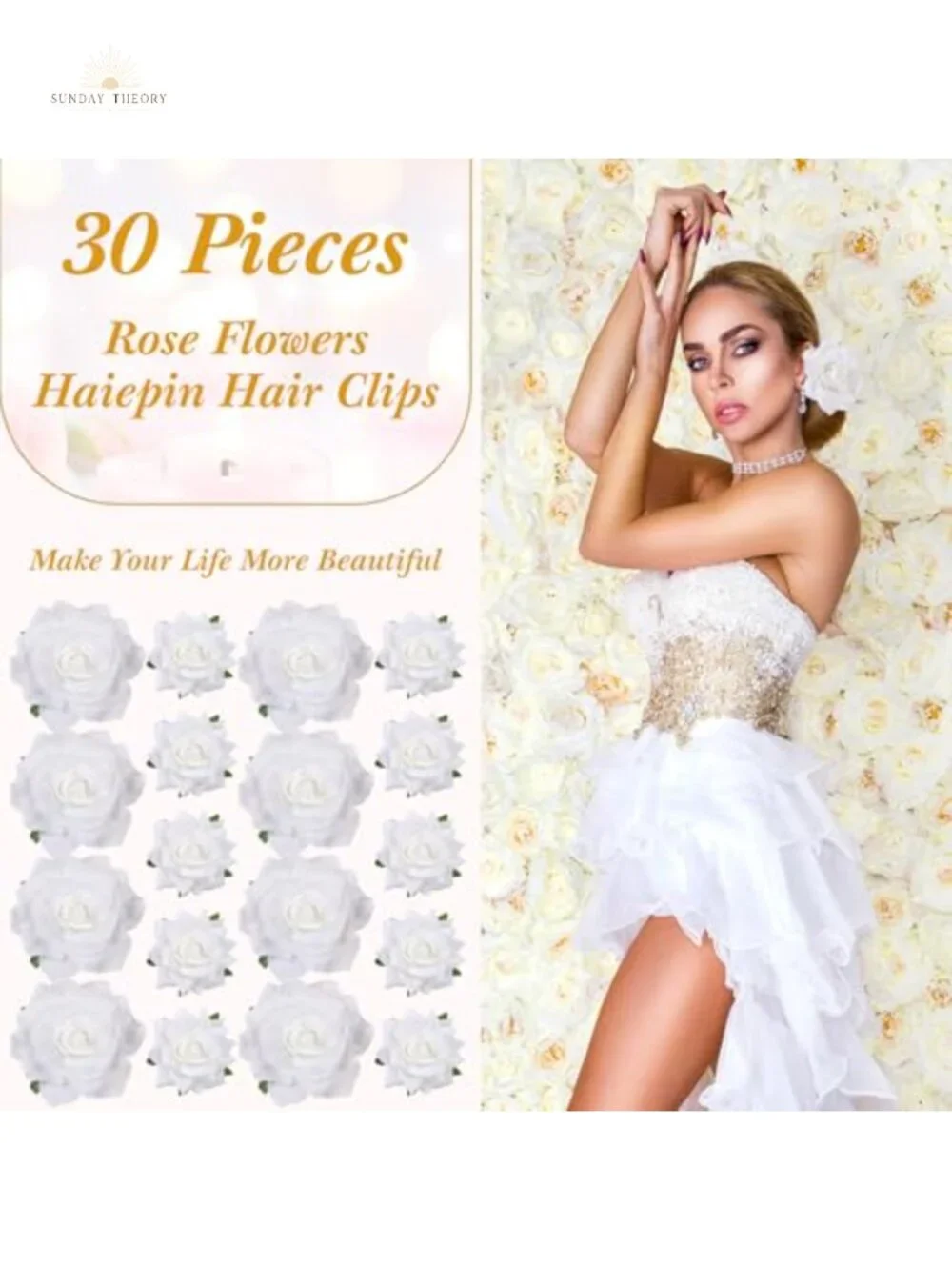 30 Pcs Fabric Rose Flower Hair Clips with Brooch Pin, 2 Sizes, Wedding Hair